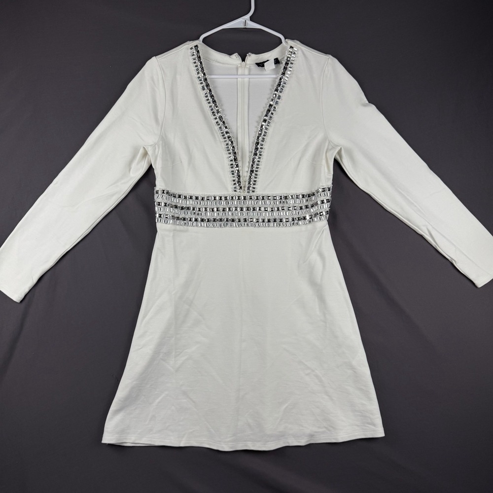 VENUS 10 Beaded A-Line Dress White V-Neck Long Sleeve Knit Rayon Nylon Spandex